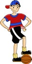 Cartoon kid wearing red and blue t shirt and baseball