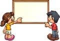 Cartoon kids back view pointing at empty white board Royalty Free Stock Photo