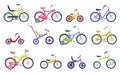Cartoon kids bicycles. Children bikes for boys and girls, bicycle with training wheels and balance bike vector set Royalty Free Stock Photo