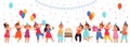 Cartoon kids on birthday party. Boy celebrating, cake on table and little children. Event with sweets, fun girl have Royalty Free Stock Photo