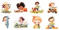 Cartoon kids clipart set. Illustration of children\'s outdoor activities. Little kids playing with pets and toys