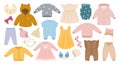 Cartoon kids clothes. Baby boys and girls casual garments, cute little pants, jumpsuits and dresses flat vector illustration Royalty Free Stock Photo