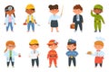 Cartoon kids of different professions, children in professional uniforms. Boy and girl firefighter, doctor, teacher