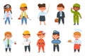 Cartoon kids of different professions, children in professional uniforms. Boy and girl firefighter, doctor, teacher, chef,