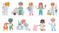 Cartoon kids doctors and nurses play and treat toys. Boys and girls medical characters with stethoscope, thermometer and