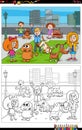 Cartoon kids and dogs characters group coloring book page Royalty Free Stock Photo