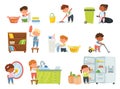 Cartoon kids doing housework, children helping with chores. Boys and girls vacuuming, dusting, washing dishes, mopping