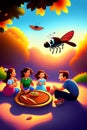 Cartoon kids, fly picnic with family eating