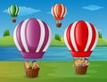 Cartoon kids flying in a hot air balloon at the riverbank