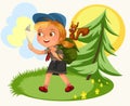 Cartoon kids following the compass in forest Royalty Free Stock Photo