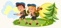 Cartoon kids following the compass in forest