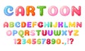 Cartoon kids font. Colorful comic alphabet for children. Cute childish bubble letters and numbers, glossy candy or jelly