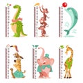 Cartoon kids growth rulers. Wall meters with funny tropical animals. Childish measuring centimeter scales. Monkeys and