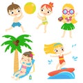 Cartoon kids having beach fun. Children enjoy summer holidays outdoor activity Royalty Free Stock Photo