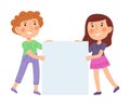 Cartoon kids holding blank banner, boy and girl with empty placard. Little kindergarten boy and girl with blank poster Royalty Free Stock Photo