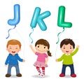 Cartoon kids holding letter JKL shaped balloons