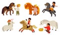 Cartoon kids with horses. Cute children riding pony. Farm animals care. Jockey hugging or feeding pets. Sport horseback Royalty Free Stock Photo