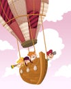 wooden boat on a hot air balloon flying on the sky