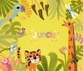 Cartoon kids jungle Tropical horizontal banner with cute lion, giraffe, parrot wildlife. Bright vibrant color.