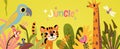 Cartoon kids jungle Tropical horizontal banner with cute lion, giraffe, parrot wildlife. Bright vibrant color. Royalty Free Stock Photo