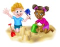 Cartoon Kids Making Sandcastles Royalty Free Stock Photo