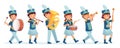 Cartoon kids marching band parade. Child musicians on march, childrens loud playing music instruments cartoon vector illustration