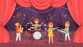 Cartoon kids music band on theatre stage with curtain. Boys playing drums and saxophone, girls singing Royalty Free Stock Photo