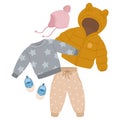 Cartoon kids outfit. Baby boy or girl casual garments, cute little pants, puffer jacket and acsessories flat vector illustration