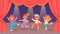 Cartoon kids performing dance on theatre stage with curtain. Kindergarten boys and girls group activity. Children dance