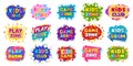 Cartoon kids play room badges, play zone labels. Entertainment children playroom, game zone party stickers flat vector symbols set