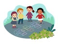 Cartoon of kids playing hopscotch drawn with colorful chalk on asphalt in the park