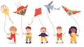 Cartoon kids playing with paper flying kites toys. Boys and girls summer outdoor activity vector illustration. Children