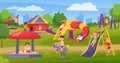 Cartoon kids playing on playground in summer park or kindergarten. Happy children on slide or swing, boy play in sandbox