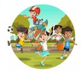 Cartoon kids playing various sports in the park.