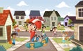 Cartoon kids playing various sports in suburb neighborhood.