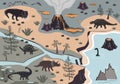 Cartoon kids playmat with dinosaur, palm, and volcano mountains. Vector illustration, floor carpet or wall poster. Dino