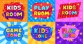 Cartoon kids playroom stickers. Children game zone, kids entertainment party club and game room posters flat vector illustration