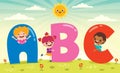 Cartoon Kids Posing With Alphabet Letter Royalty Free Stock Photo