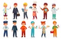 Cartoon kids in professional uniform. Doctor children outfit, businessman kid and baby engineer worker vector set