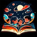 Cartoon kids reading a book. Vector illustration of kids studying astronomy Generative AI