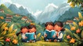 Cartoon kids reading books in the meadow with mountains background illustration. Royalty Free Stock Photo