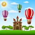 Cartoon kids riding in a hot air balloon near the castle Royalty Free Stock Photo