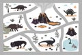 Cartoon kids road playmat with dinosaur, palm, and volcano mountains. Vector illustration, floor carpet or wall poster