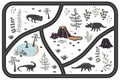 Cartoon kids road playmat with dinosaur, palm, and volcano mountains. Vector illustration, floor carpet or wall poster