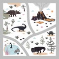 Cartoon kids road playmat with dinosaur, palm, and volcano mountains. Vector illustration, floor carpet or wall poster