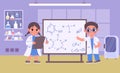 Cartoon kids in robes do chemistry experiment, children scientists