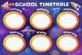 Cartoon kids school timetable with space planets and rockets in sky Royalty Free Stock Photo