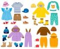 Cartoon kids seasonal winter, spring, summer, fall clothes. Puffer jacket, pants, shirt, sandals childrens outfits