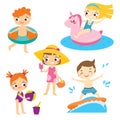 Cartoon kids set. Children having summer holidays fun and outdoor beach activity Royalty Free Stock Photo