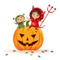 Cartoon kids sitting on Halloween pumpkin poster. Happy children in Hallows mystery costumes of shrek and devil having Royalty Free Stock Photo